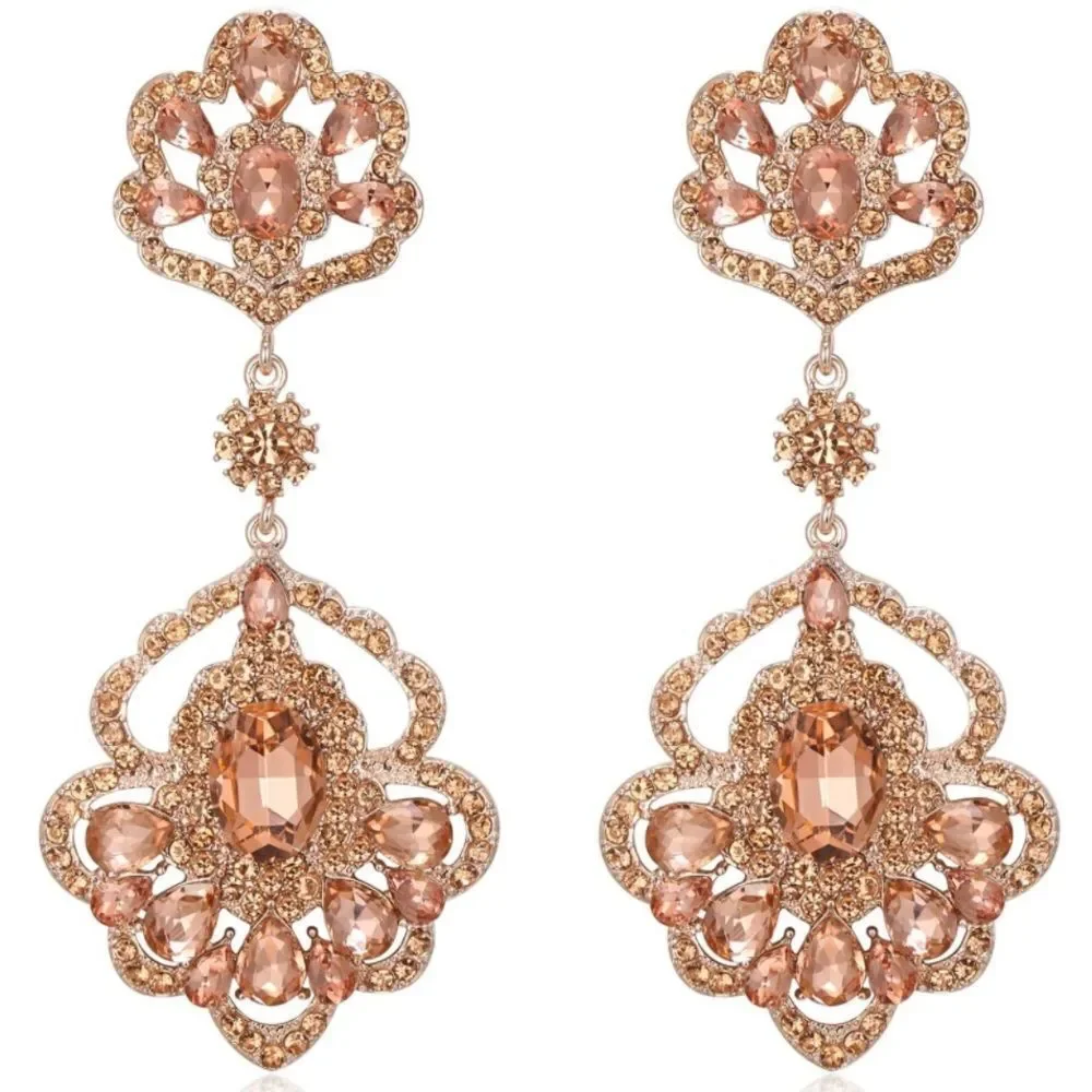 Rose Gold with Peach Morganite Austrian Crystal Teardrop Chandelier Earrings